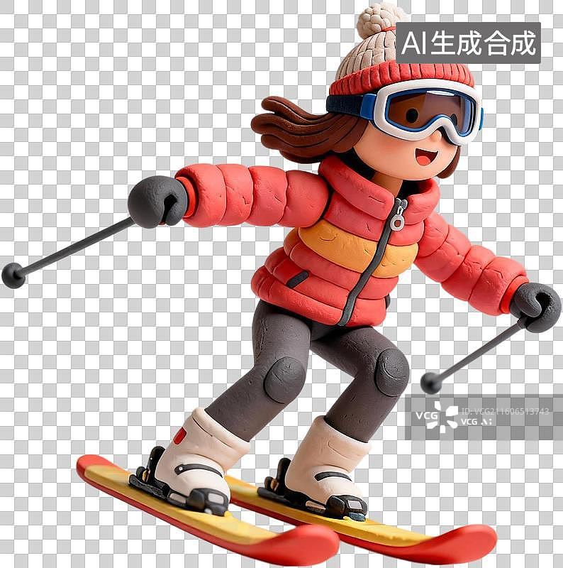 【AI数字艺术】卡通3D立体粘土风格插画冬天冰雪节滑雪人物冰摩天轮插画元素免抠图形图片素材