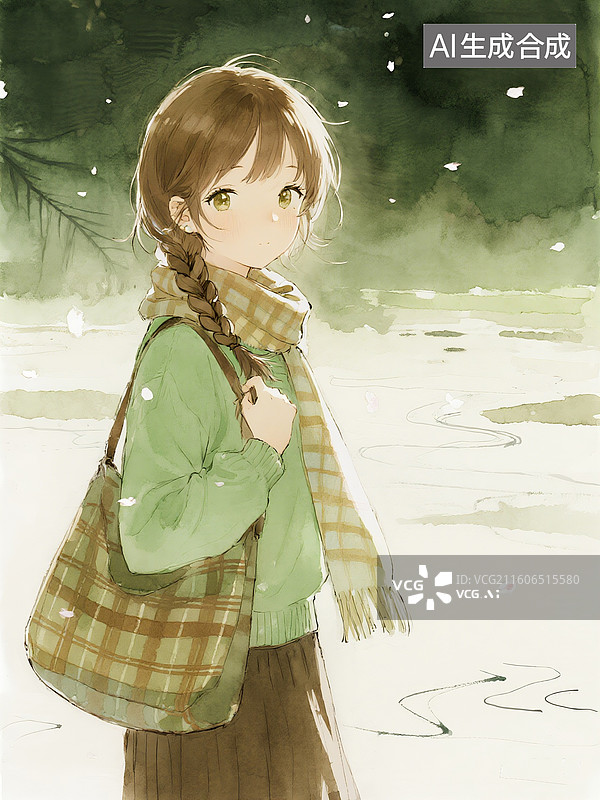 【AI数字艺术】水彩湿画，松散麻花辫细高挑身材大眼睛小嘴回眸一瞬，格子围巾大挎包，自在飞花轻似梦背景图片素材