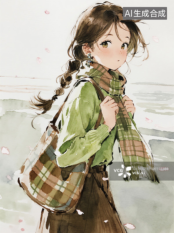 【AI数字艺术】水彩湿画，松散麻花辫细高挑身材大眼睛小嘴回眸一瞬，格子围巾大挎包，自在飞花轻似梦背景图片素材