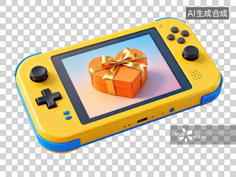 【AI数字艺术】黄色便携游戏机显示礼物盒图片素材