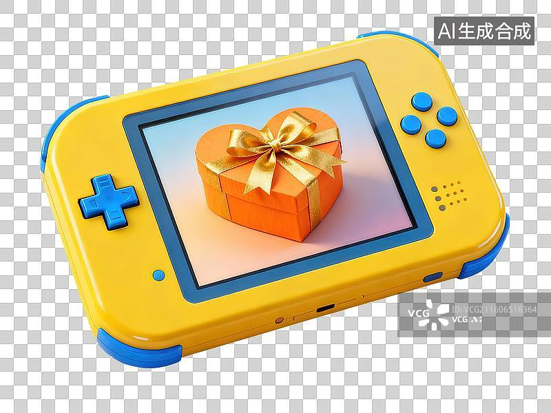 【AI数字艺术】黄色手持游戏设备显示礼物盒图片素材