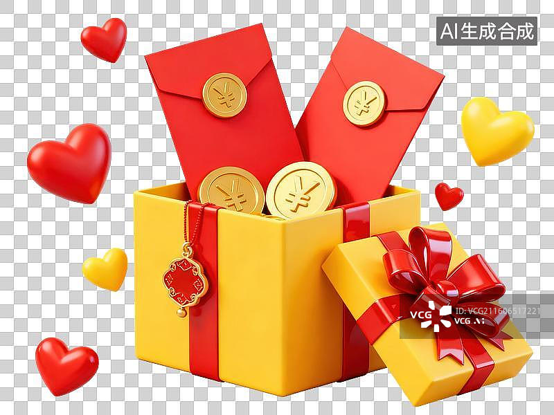 【AI数字艺术】红包金币礼盒与爱心图片素材