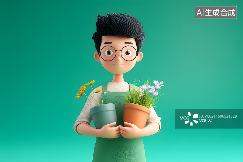 【AI数字艺术】一个卡通园艺师手上抱着花盆图片素材