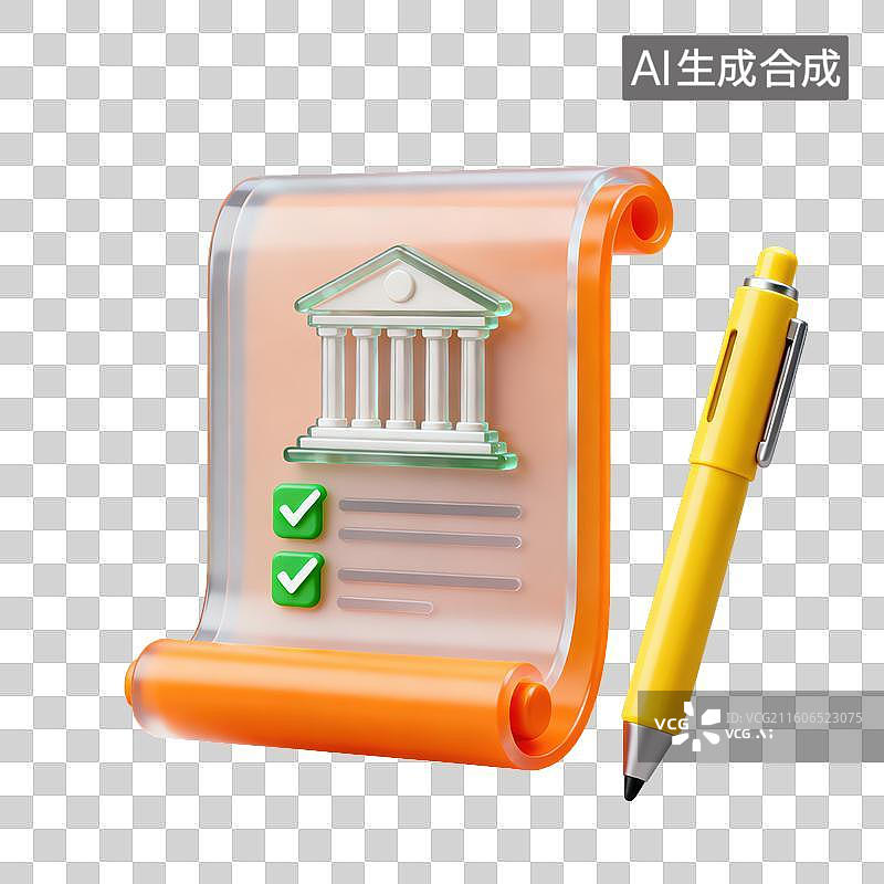 【AI数字艺术】3D磨砂玻璃材质金融理财主题银行文件签署政府法令签字笔对勾元素图片素材