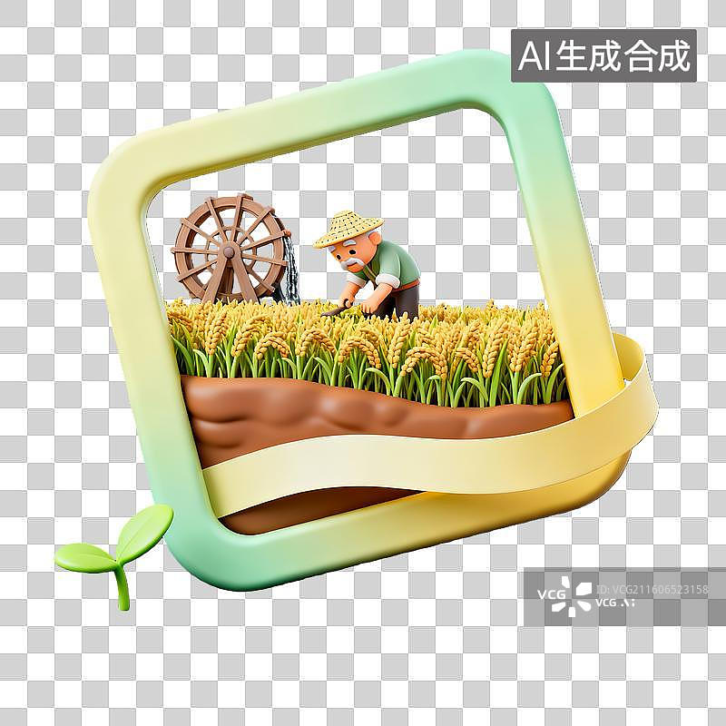 【AI数字艺术】3d卡通粘土二十四节气谷雨种植稻谷黄绿色装饰边框元素图片素材