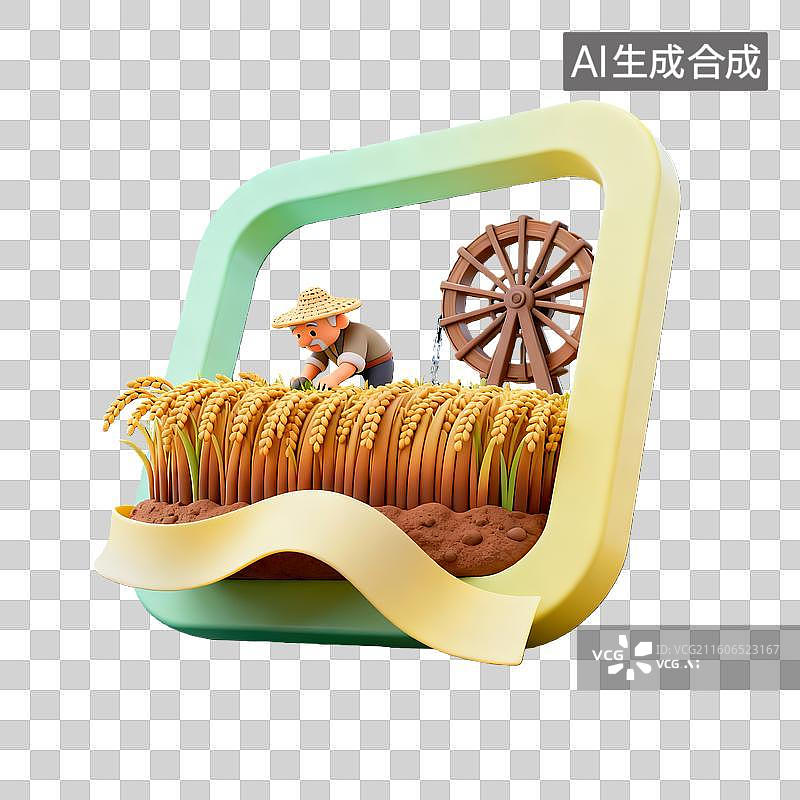 【AI数字艺术】3d卡通粘土二十四节气谷雨种植稻谷黄绿色装饰边框元素图片素材