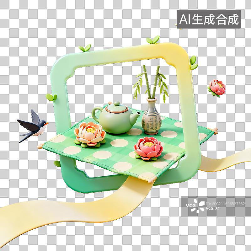 【AI数字艺术】3d卡通粘土二十四节气谷雨野餐黄绿色装饰边框元素图片素材