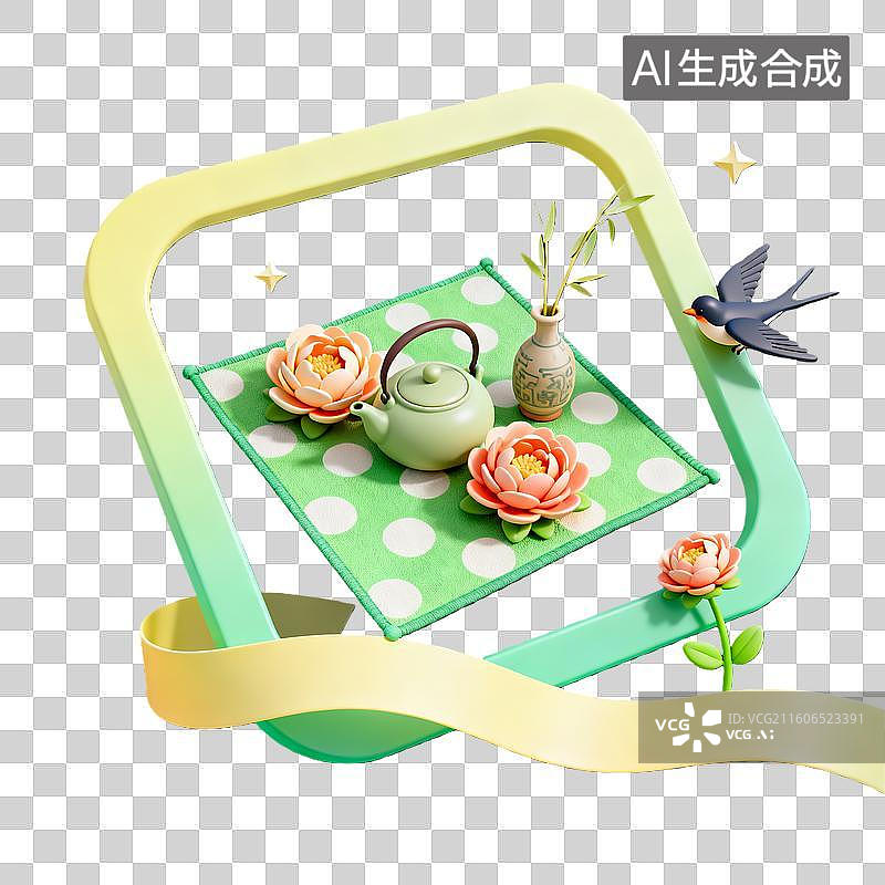 【AI数字艺术】3d卡通粘土二十四节气谷雨野餐黄绿色装饰边框元素图片素材