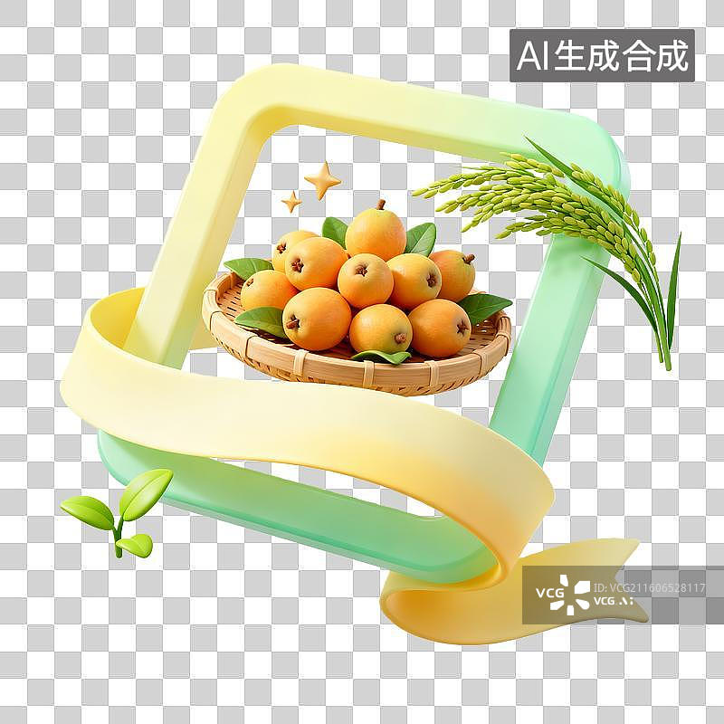 【AI数字艺术】3d卡通粘土二十四节气小满枇杷黄绿色装饰边框元素图片素材