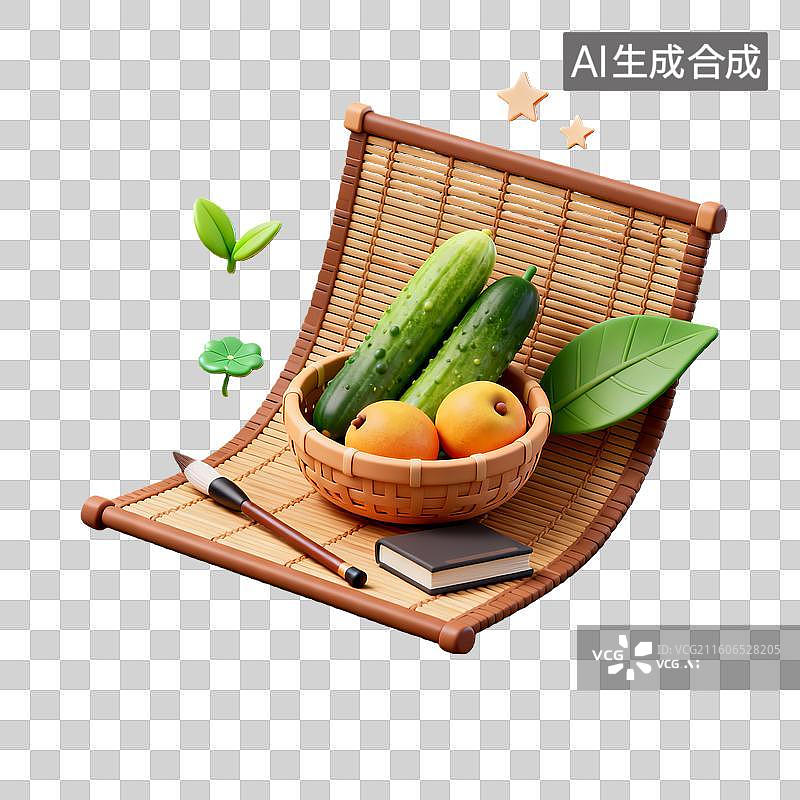 【AI数字艺术】3d卡通粘土二十四节气小满竹席组合黄绿色装饰边框元素图片素材