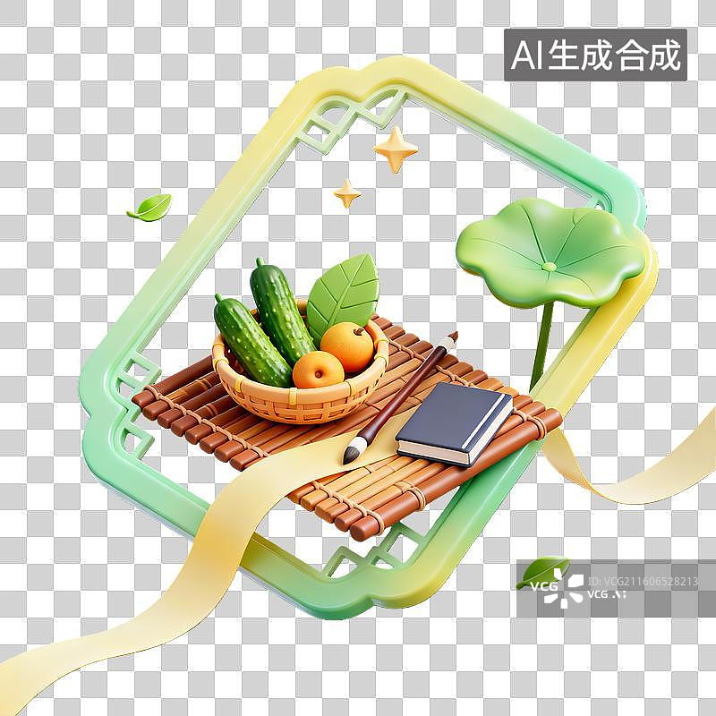【AI数字艺术】3d卡通粘土二十四节气小满竹席组合黄绿色装饰边框元素图片素材
