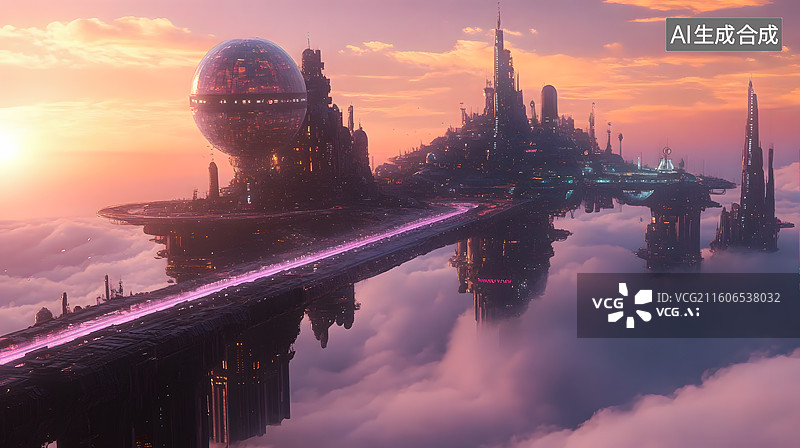 【AI数字艺术】科幻空中城市建筑群图片素材