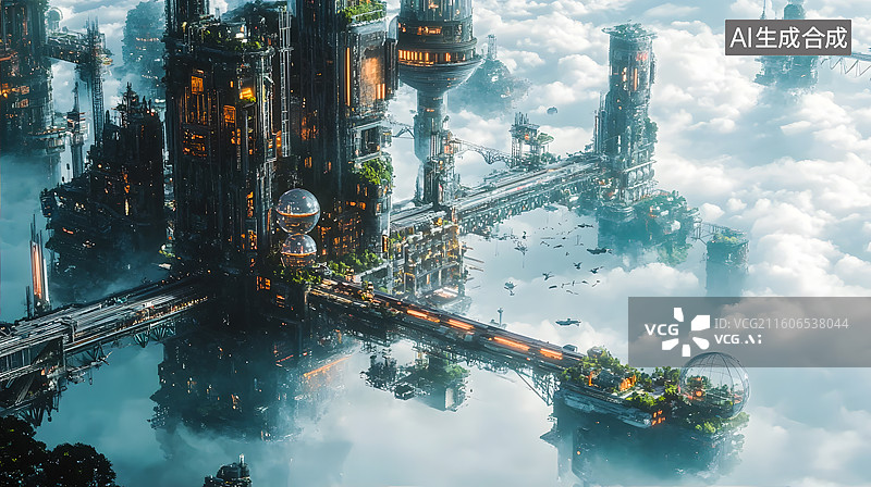 【AI数字艺术】科幻空中城市建筑群图片素材
