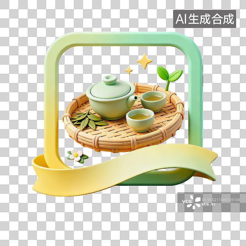 【AI数字艺术】3d卡通粘土二十四节气芒种竹编茶盘绿色装饰边框元素图片素材