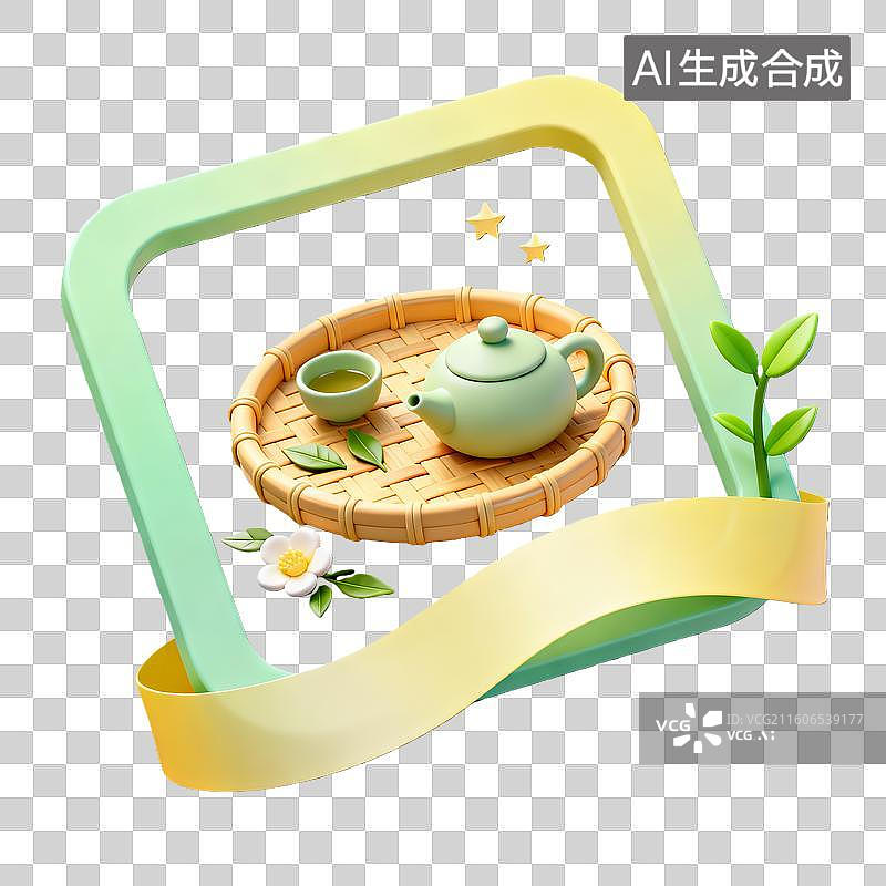 【AI数字艺术】3d卡通粘土二十四节气芒种竹编茶盘绿色装饰边框元素图片素材