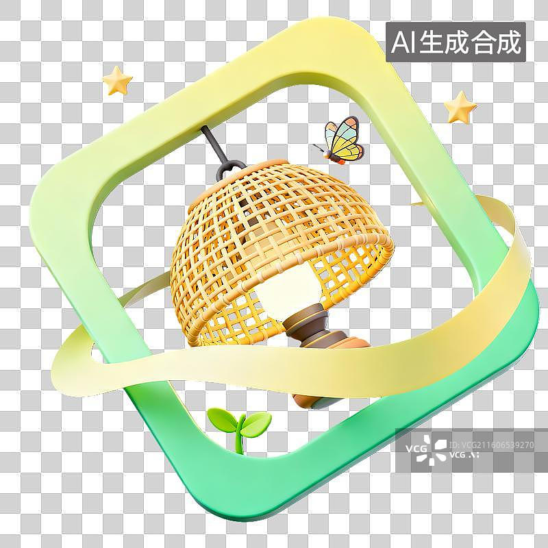 【AI数字艺术】3d卡通粘土二十四节气芒种竹编灯罩绿色装饰边框元素图片素材