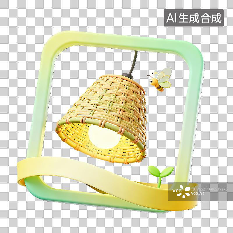 【AI数字艺术】3d卡通粘土二十四节气芒种竹编灯罩绿色装饰边框元素图片素材