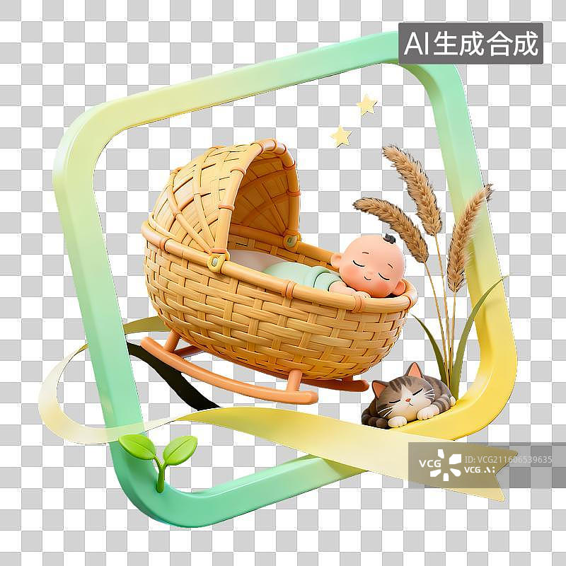 【AI数字艺术】3d卡通粘土二十四节气芒种摇摇床绿色装饰边框元素图片素材