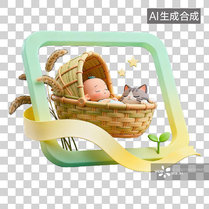 【AI数字艺术】3d卡通粘土二十四节气芒种摇摇床绿色装饰边框元素图片素材