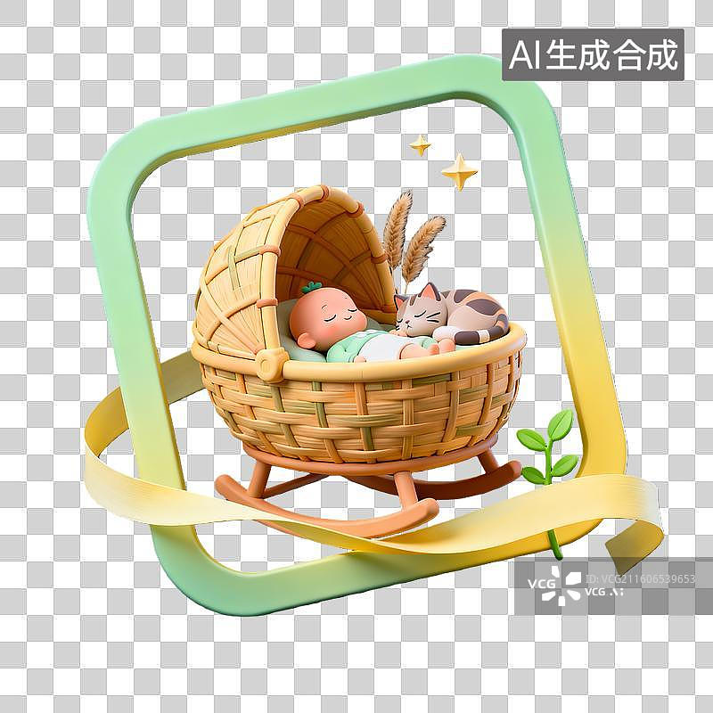 【AI数字艺术】3d卡通粘土二十四节气芒种摇摇床绿色装饰边框元素图片素材