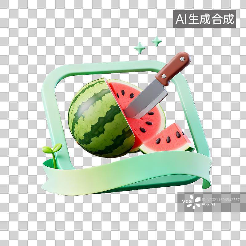 【AI数字艺术】3d卡通粘土二十四节气夏至西瓜绿色装饰边框元素图片素材