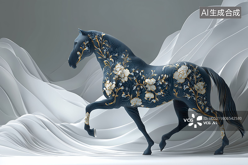 【AI数字艺术】蓝金花卉奔马波浪背景图片素材