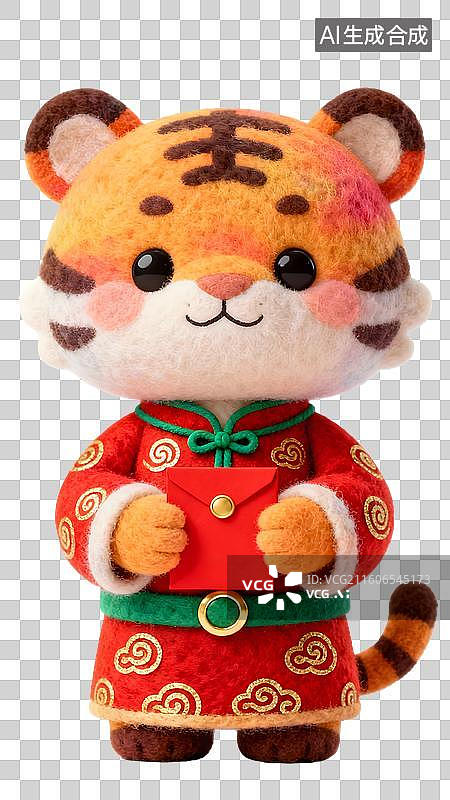 【AI数字艺术】卡通毛毡风格的十二生肖拿红包  身穿中国风红色喜庆服饰的十二生肖形象图片素材