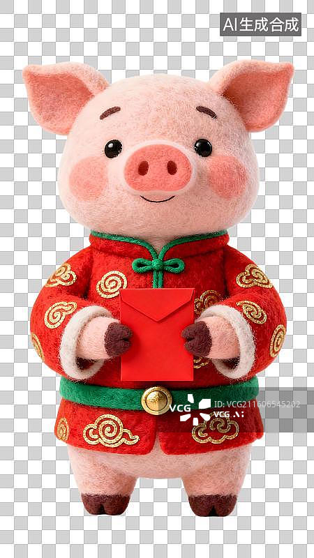 【AI数字艺术】卡通毛毡风格的十二生肖拿红包  身穿中国风红色喜庆服饰的十二生肖形象图片素材