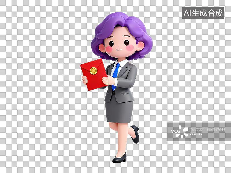 【AI数字艺术】紫发女性手持红色文件奔跑图片素材