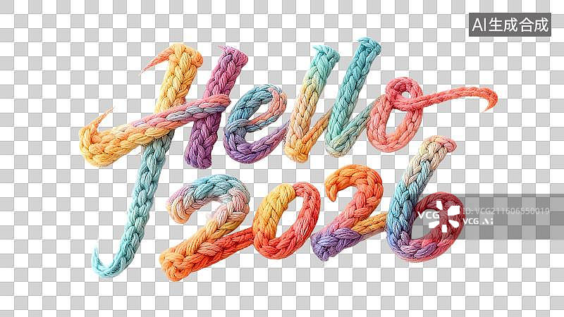 【AI数字艺术】3D Hello 2026艺术字体设计多巴胺色毛线编织元素图片素材