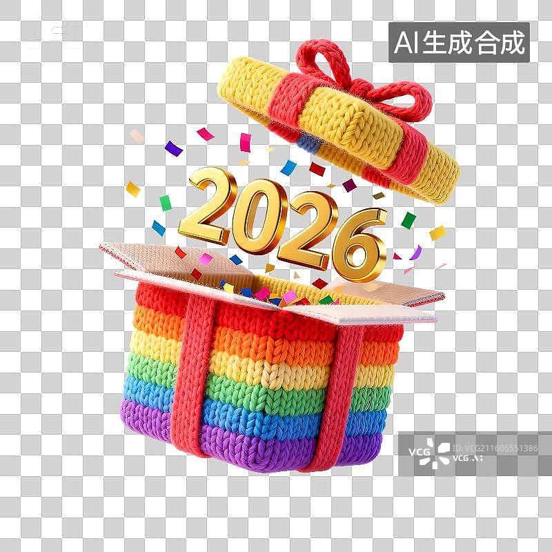 【AI数字艺术】打开3D彩虹色毛线编织的礼品盒，惊喜飞出纸屑和金色2026年数字，马年大吉祝贺元素图片素材