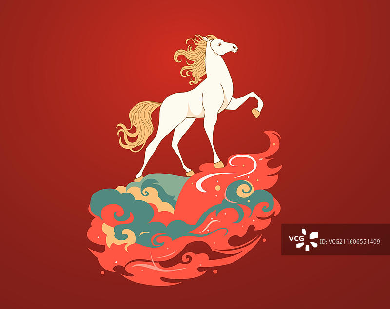 手绘马年插画一马当先马踏祥云喜庆春节马年图片素材
