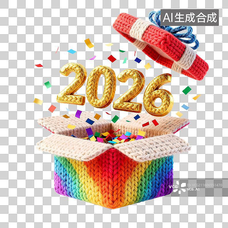 【AI数字艺术】打开3D彩虹色毛线编织的礼品盒，惊喜飞出纸屑和金色2026年数字，马年大吉祝贺元素图片素材
