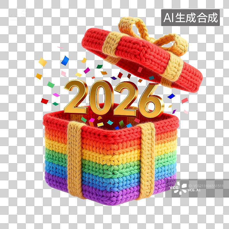 【AI数字艺术】打开3D彩虹色毛线编织的礼品盒，惊喜飞出纸屑和金色2026年数字，马年大吉祝贺元素图片素材