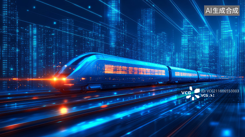 【AI数字艺术】未来科技感高铁列车穿梭城市建筑背景图片素材