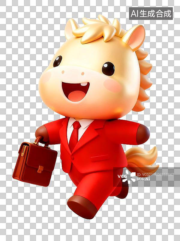【AI数字艺术】3D穿着红色西装的可爱风金色小马，马年，马，2026年开门红上班图片素材