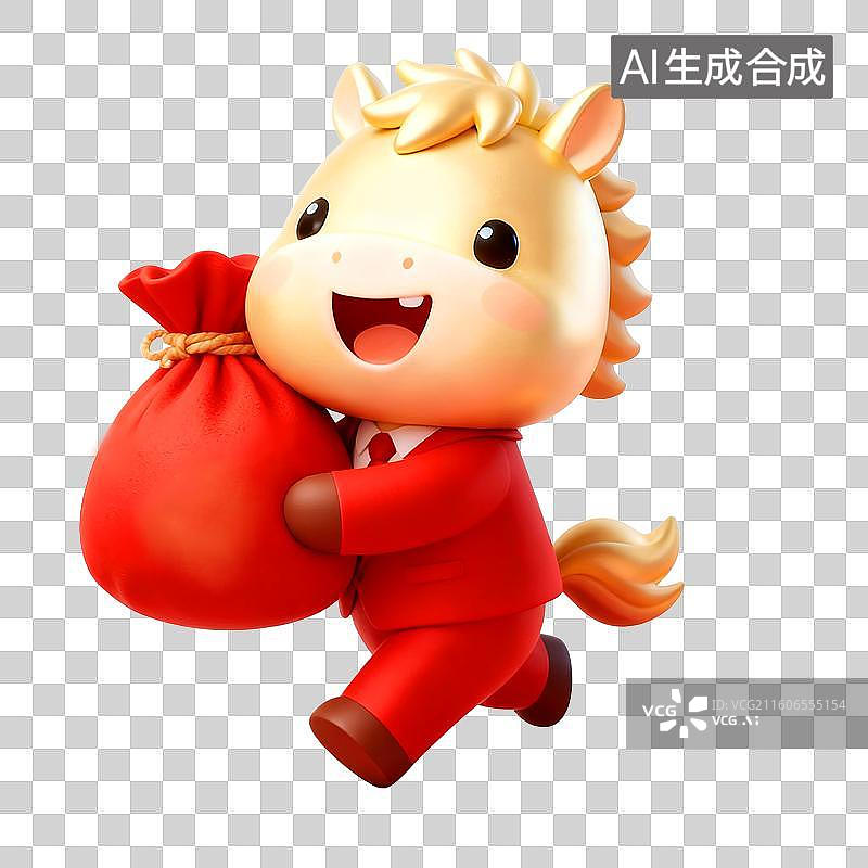 【AI数字艺术】3D穿着红色西装的可爱风马年金色小马，抱着红色福袋跑来图片素材