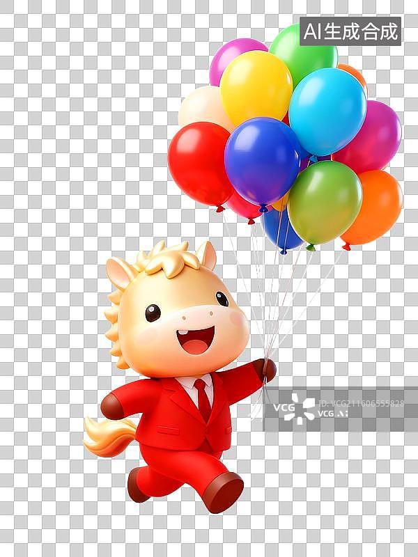 【AI数字艺术】3D穿着红色西装的可爱拟人马年金色小马拿着许多五颜六色的气球图片素材