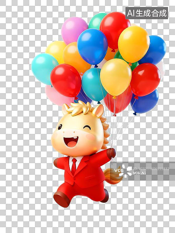 【AI数字艺术】3D穿着红色西装的可爱拟人马年金色小马拿着许多五颜六色的气球图片素材