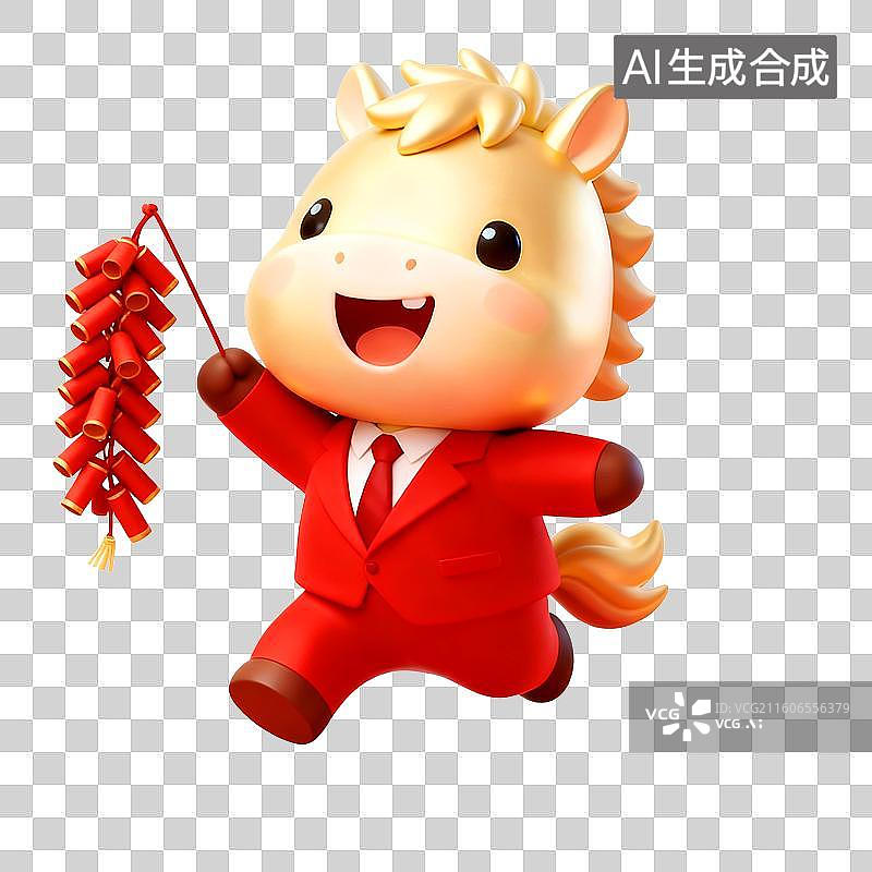 【AI数字艺术】3D穿着红色西装的可爱拟人马年金色小马拿着一串鞭炮跑来图片素材