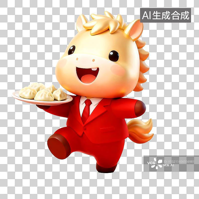 【AI数字艺术】3D穿着红色西装的可爱拟人马年金色小马端着一盘饺子跑来吃年夜饭图片素材
