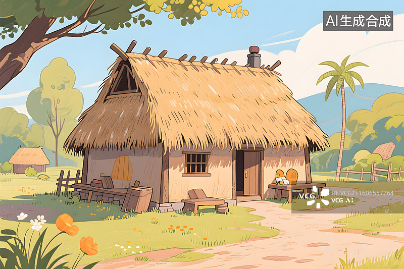 【AI数字艺术】卡通茅草屋插画图片素材