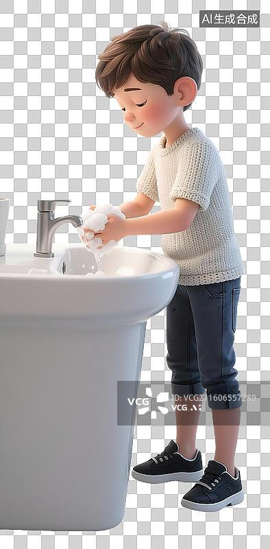 【AI数字艺术】AIGC:毛线风格水龙头下洗手的小男孩，个人卫生，泡沫，清洁，元素，免抠图形图片素材