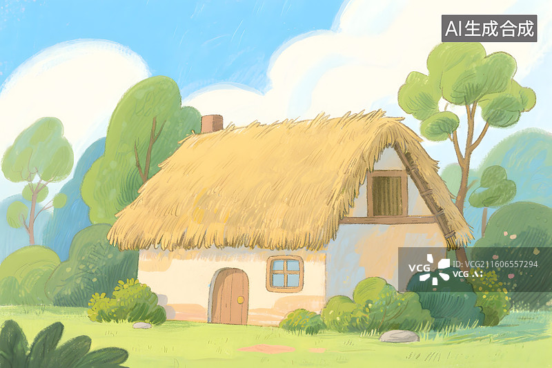 【AI数字艺术】卡通茅草屋插画图片素材