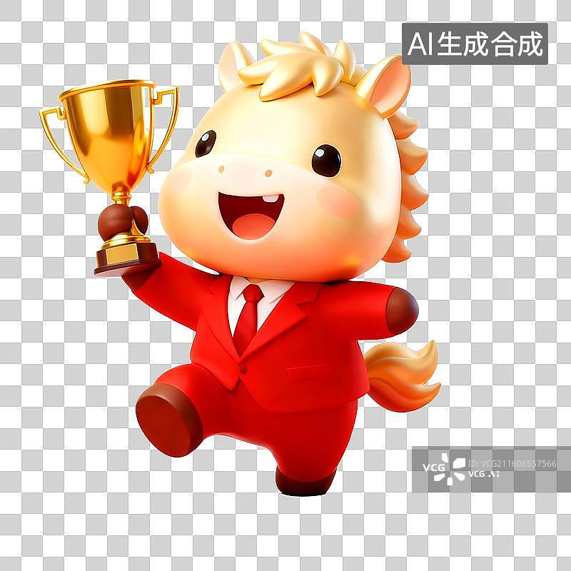【AI数字艺术】3D穿着红色西装的可爱拟人马年金色小马拿着金色奖杯祝贺一马当先开门红图片素材