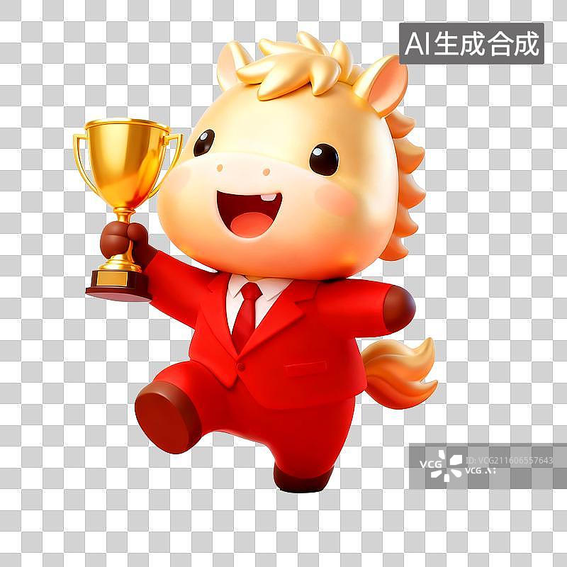 【AI数字艺术】3D穿着红色西装的可爱拟人马年金色小马拿着金色奖杯祝贺一马当先开门红图片素材