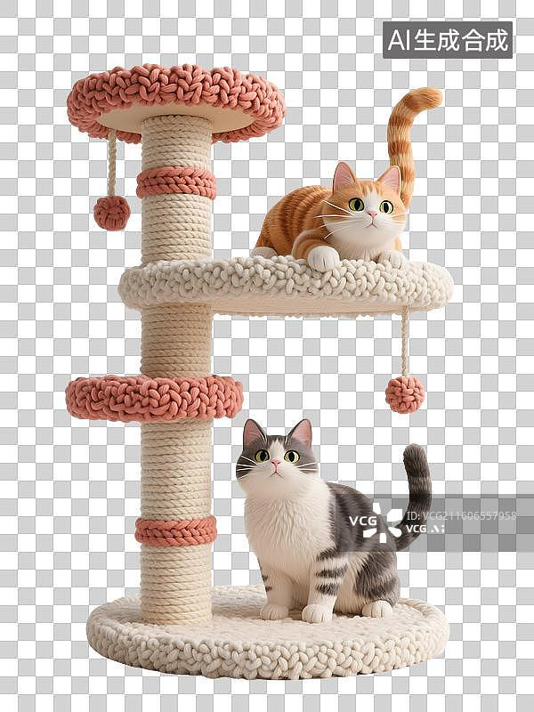 【AI数字艺术】AIGC:3D毛线风格猫爬架和猫，宠物玩具，元素，免抠图形图片素材