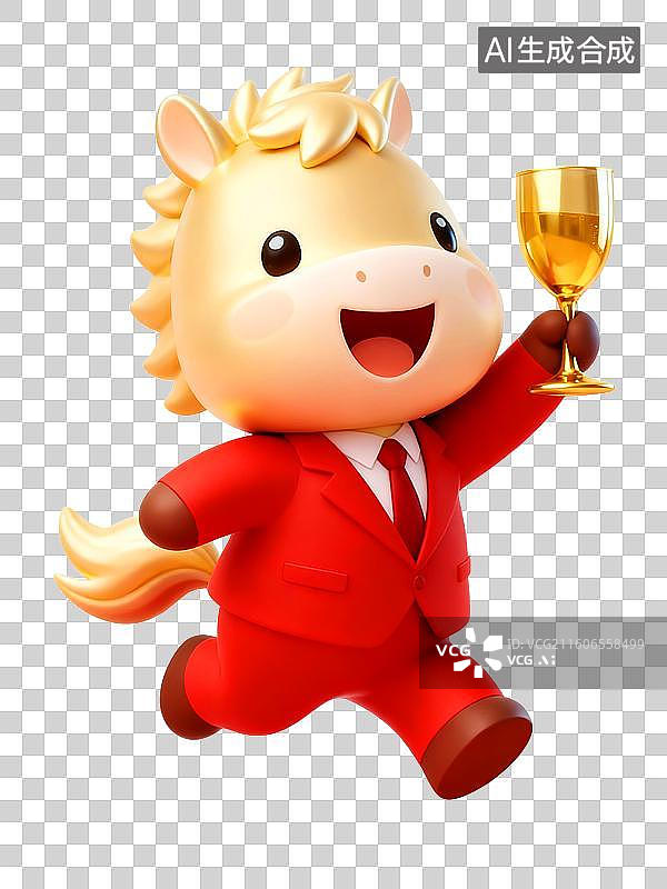【AI数字艺术】3D穿着红色西装的可爱拟人马年金色小马举着酒杯祝贺2026年马到成功图片素材