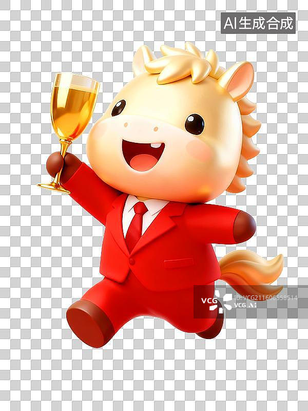 【AI数字艺术】3D穿着红色西装的可爱拟人马年金色小马举着酒杯祝贺2026年马到成功图片素材