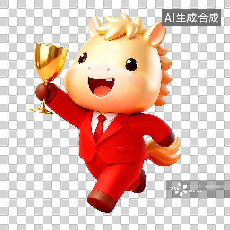 【AI数字艺术】3D穿着红色西装的可爱拟人马年金色小马举着酒杯祝贺2026年马到成功图片素材